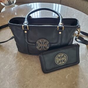 Tory Burch Black Leather Tote with Matching Wallet